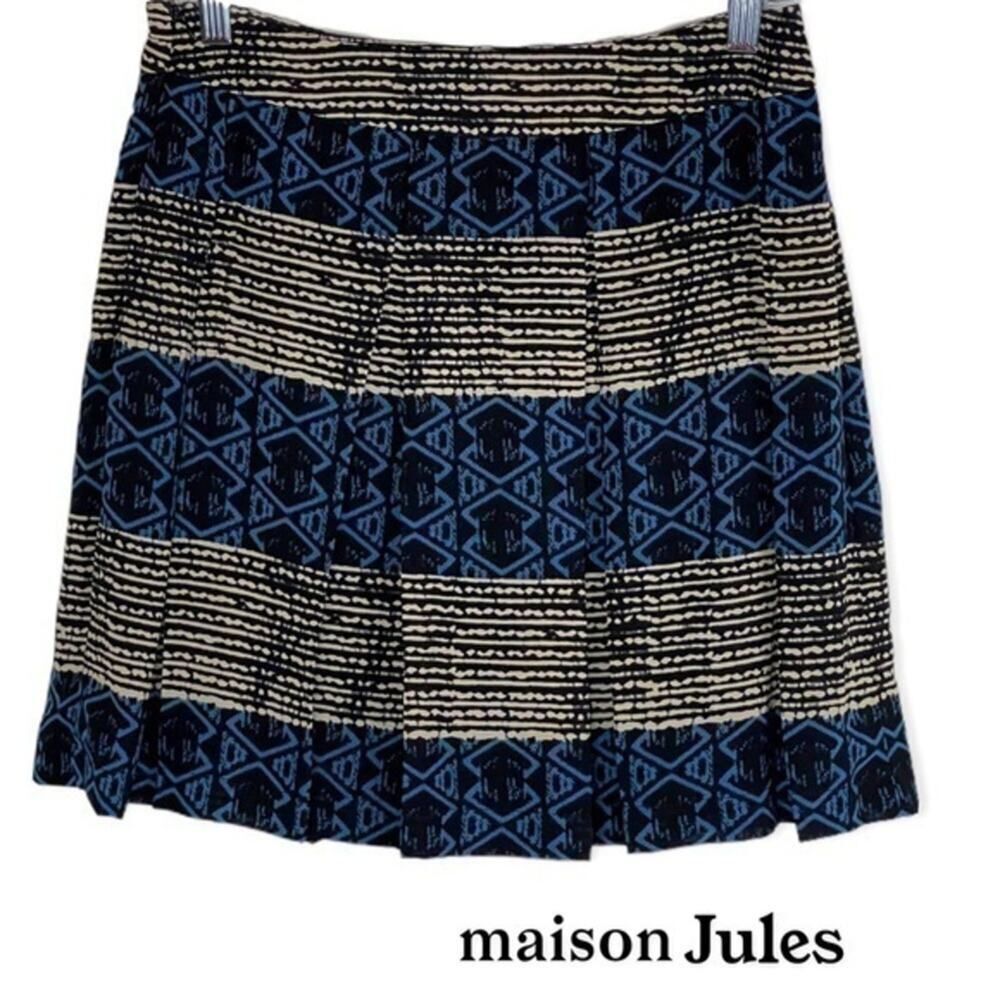 Madison Jules Black Blue Cream Batik Print‎ Pleated Skirt Size M Preppy